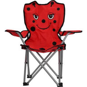 Kinder-Klappstuhl mit Marienkäfer-Design, rot mit schwarzen Punkten und silberfarbenem Gestell.