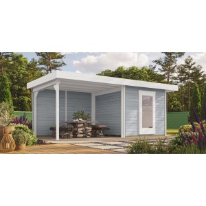 Lasiertes Holz-Gartenhaus Florenz mit Flachdach und Anbau (530x314cm) von OBI Outdoor Living.