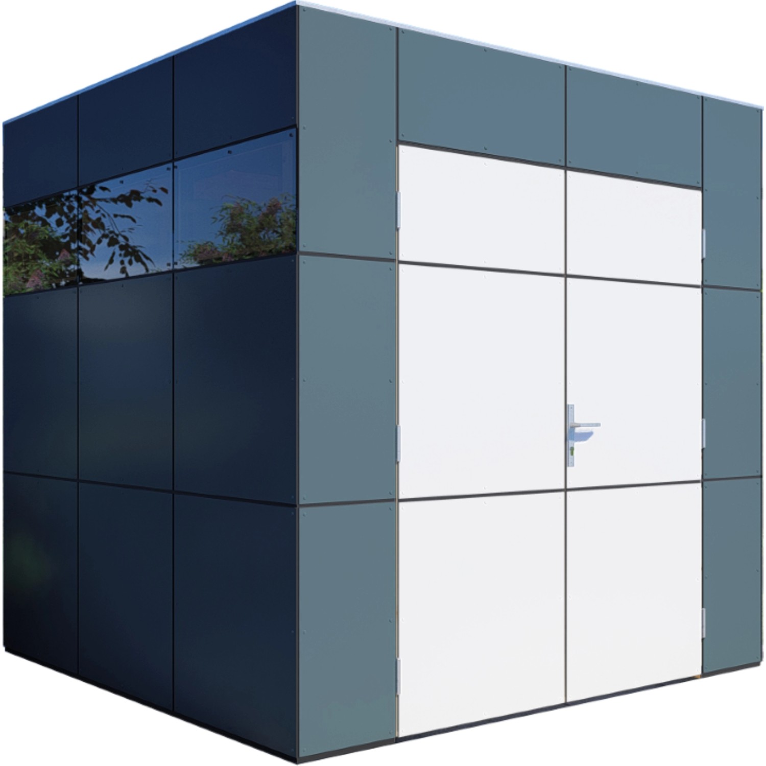 Modernes Bertilo Gartenhaus HPL 1 in Anthrazit-Weiß mit Flachdach und Doppeltür.