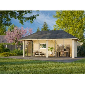 Palmako Pavillon Bianca Set 202, 588x300 cm, weiß lackiert, mit Schiebetüren und Leimholzpfosten.