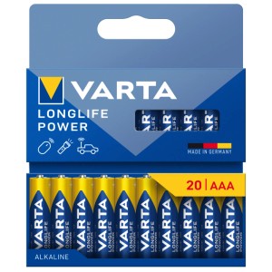 Varta Longlife Power Alkalibatterien Micro AAA LR03, 20 Stück, in blauer Verpackung mit Anwendungsikonen.