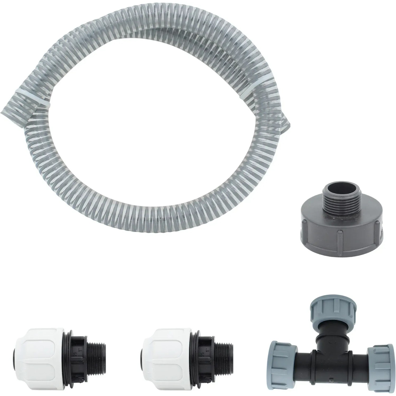 IBC Tankverbinderset-Quick Erweiterung DN 25 mit Schlauch, T-Stück und Adaptern.
