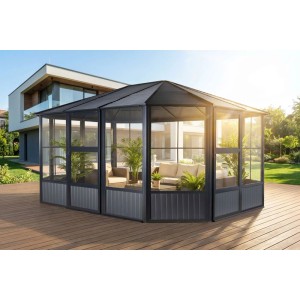 Sojag Pavillon Charleston 384x489 cm mit Stahl-Dach und Fenstern im Garten.
