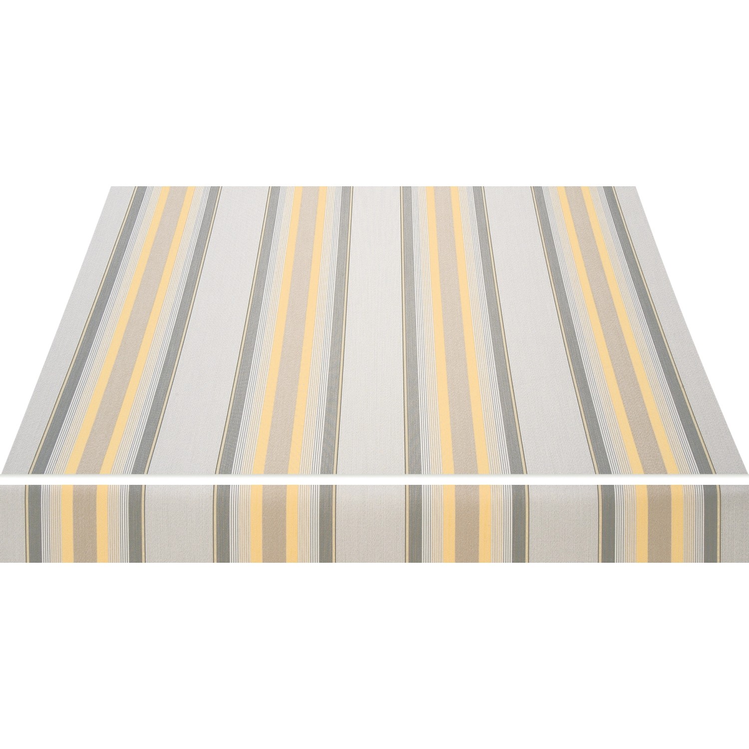 Spettmann Kassettenmarkise, gelb-grau gestreift. Markisenstoff mit Streifenmuster.