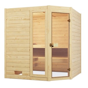 Weka Massivholzsauna Valida Eck mit Glastür und Fenster, naturbelassenes Fichtenholz.