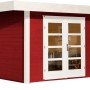 Rotes Weka Holz-Gartenhaus Designhaus 126 Plus mit Flachdach und Doppeltür.