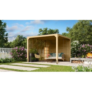 Quadratischer Karibu Fyrkant Pavillon aus naturbelassenem Holz im Garten.