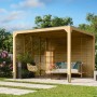 Quadratischer Karibu Fyrkant Pavillon aus naturbelassenem Holz im Garten.