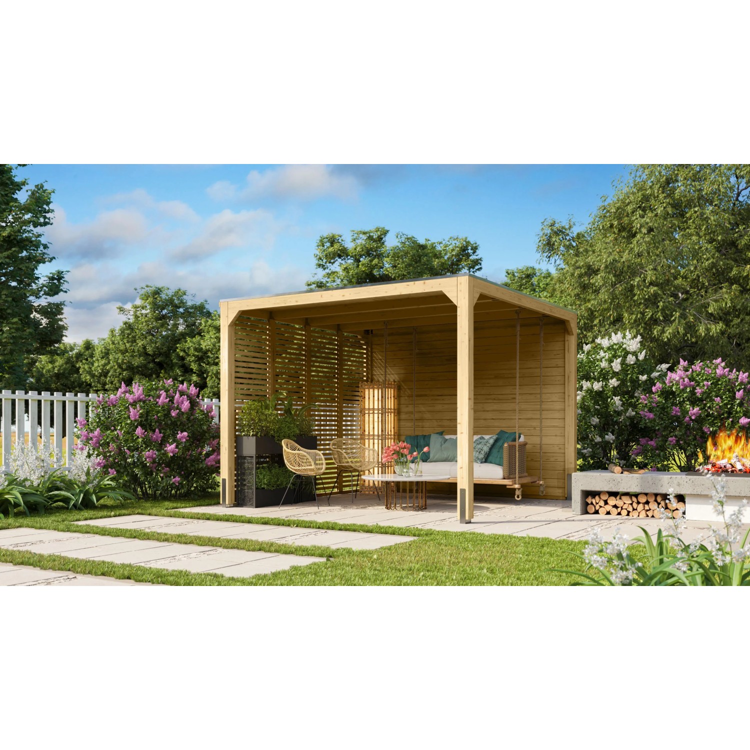 Quadratischer Karibu Fyrkant Pavillon aus naturbelassenem Holz im Garten.