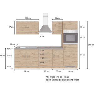 Küchenzeile Sorrento 270 cm in Anthrazit-Wotaneiche mit E-Geräten und Maßen.