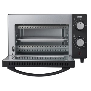 Schwarzer Silva Homeline Mini-Backofen MB 1000 mit geöffneter Tür und Zubehör.