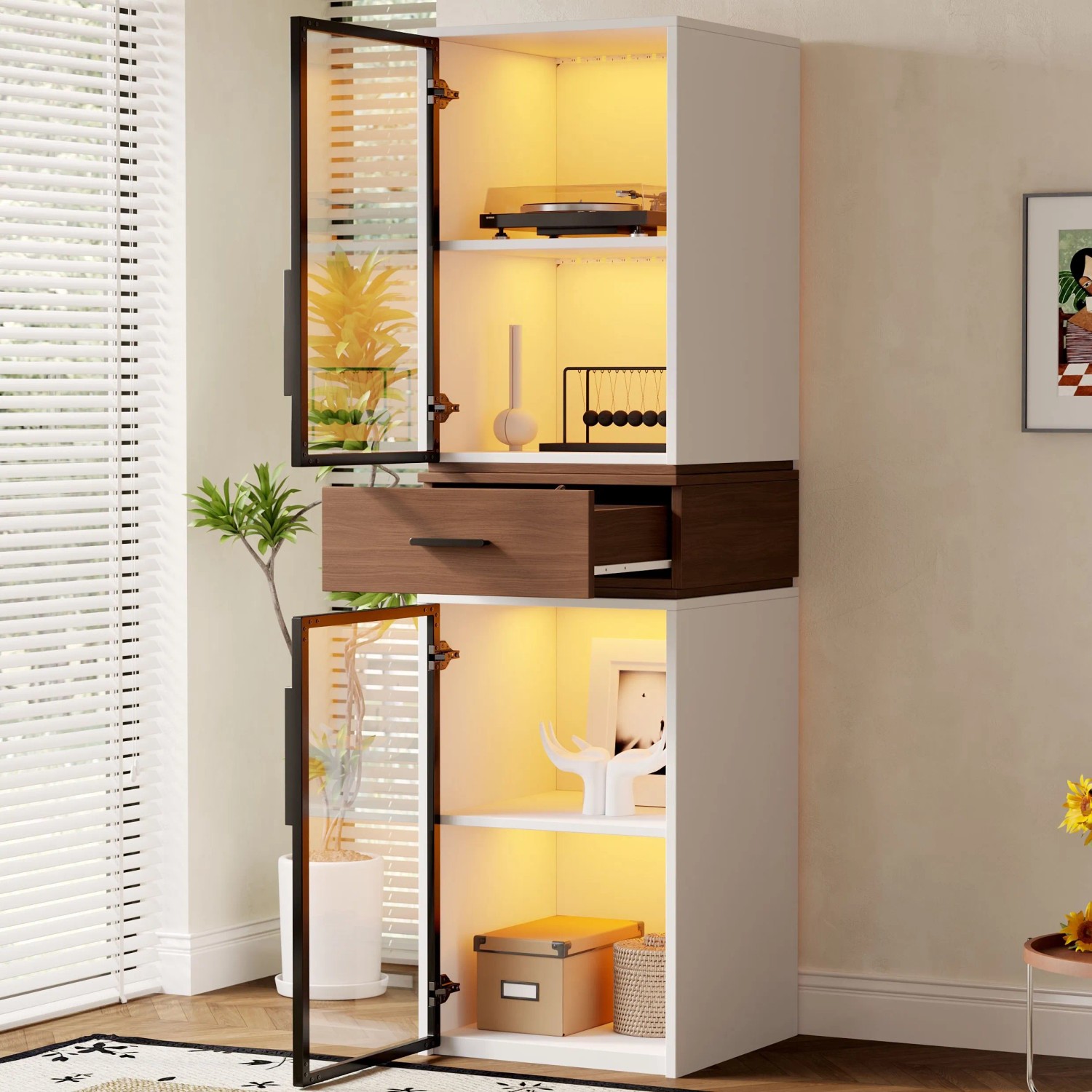 okwish Vitrinenschrank mit LED Beleuchtung Glastüren Wohnzimmer 40x40x200cm Weiß_4