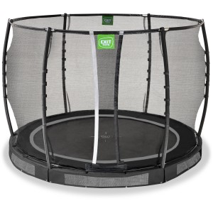 Schwarzes EXIT Allure Premium Bodentrampolin Ø 305 cm mit Sicherheitsnetz.