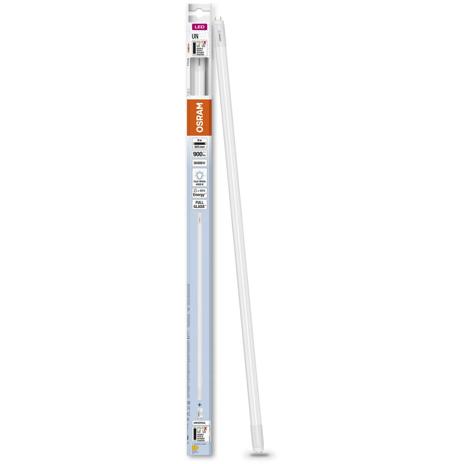 Osram LED-Leuchtstofflampe, 8W, Kaltweiß, in Verpackung und einzeln.