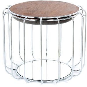 Kayoom Beistelltisch/Hocker Grau-Silber, Ø 50cm. Metallgestell mit Holzplatte und Spiegelboden.