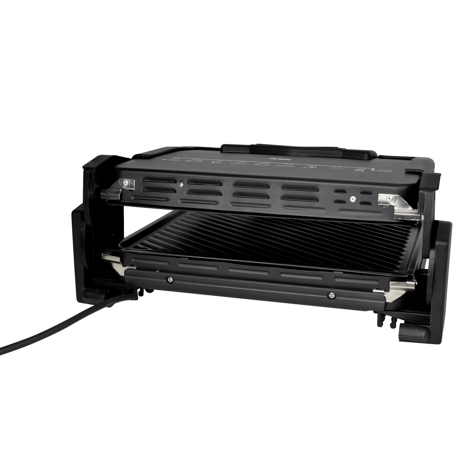 Schwarzer Silva Homeline Kontaktgrill KG 2410 mit geöffneten Grillplatten.