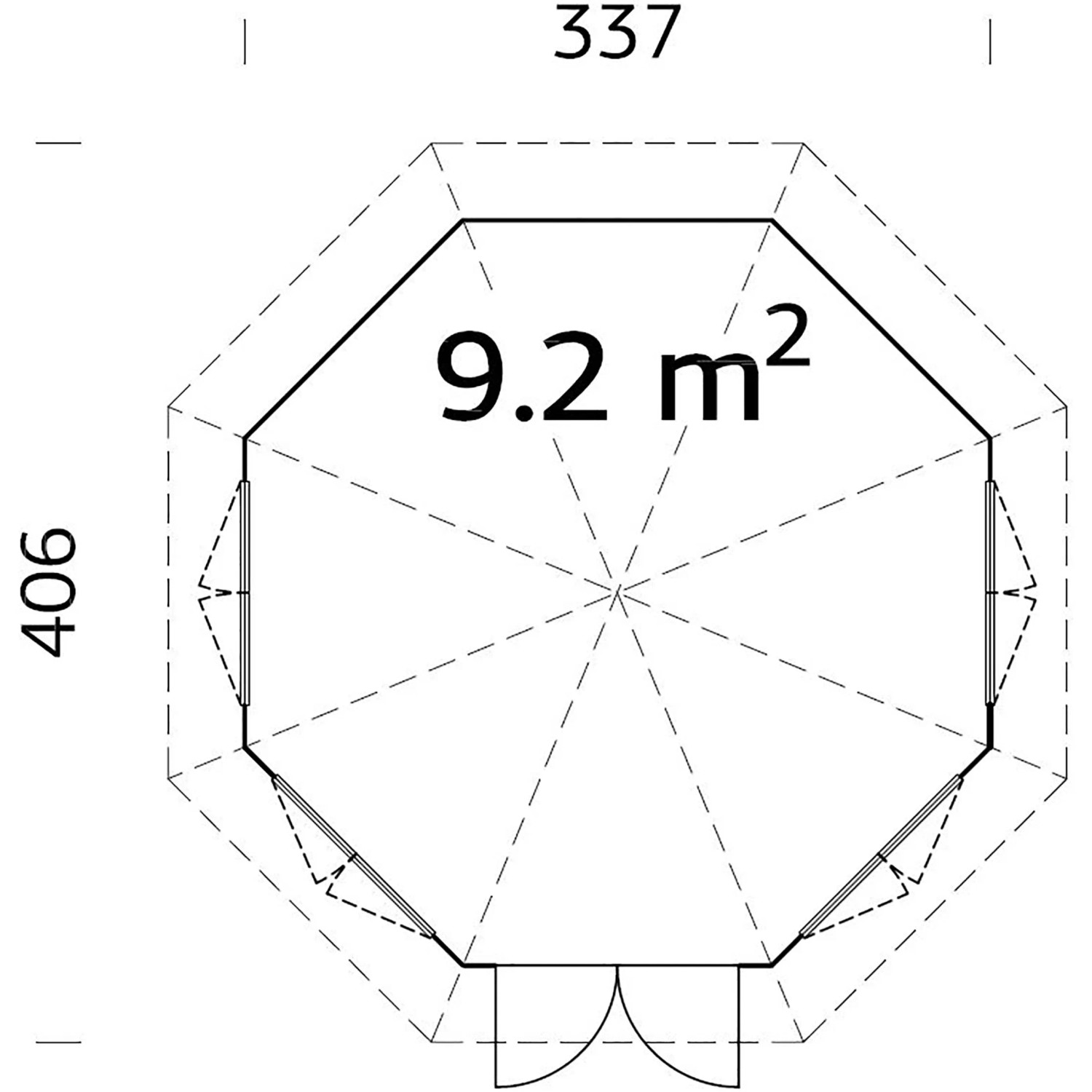 Grundriss Palmako Holz-Pavillon Veronica 4, 337x337 cm, unbehandelt, mit Maßen und 9,2 m² Fläche.