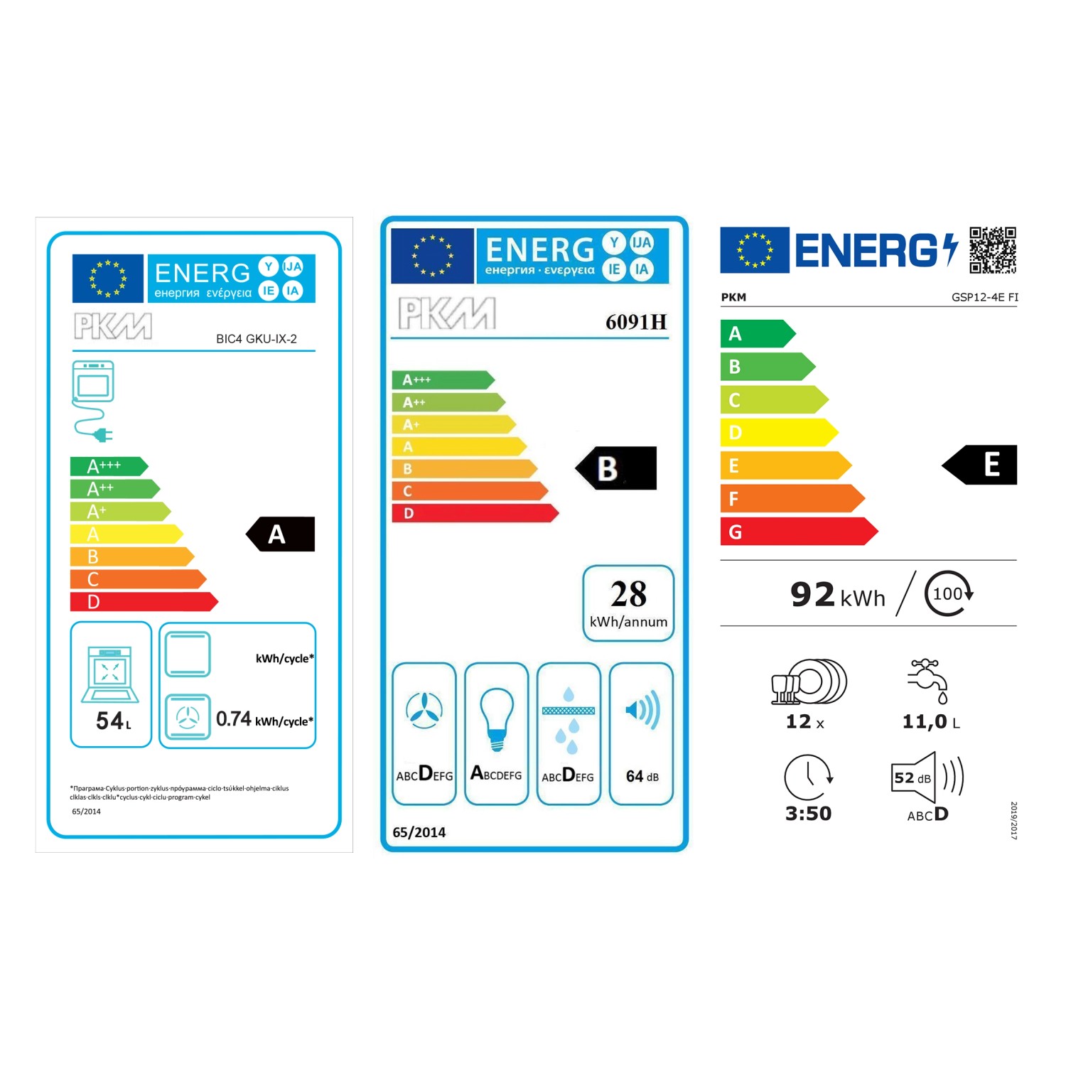 Energieetiketten von PKM Geschirrspülern und Backöfen mit Angaben zu Energieeffizienzklassen.