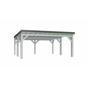 Holzbrüder Carport Ralf 36 in Reinweiß/Dornengrün mit Flachdach und Holzkonstruktion.