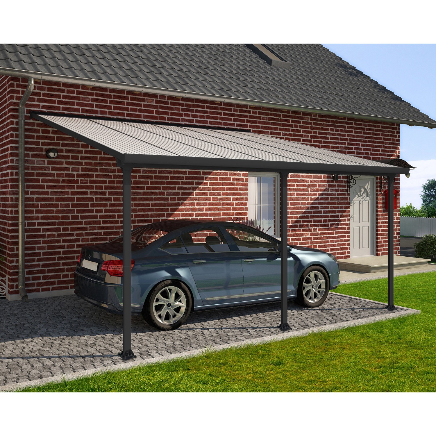 Palram Canopia Terrassenüberdachung Feria Anthrazit 4x4.2 mit Auto vor Backsteinhaus.