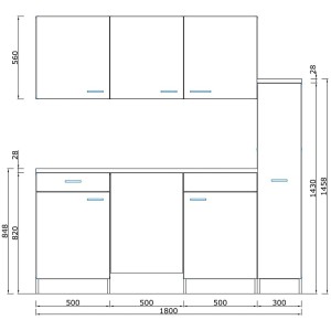 Respekta Küchenzeile KB180WR, 180 cm, rot-weiß, mit Spüle, Kochfeld und Kühlschrank. Schemazeichnung mit Maßen.