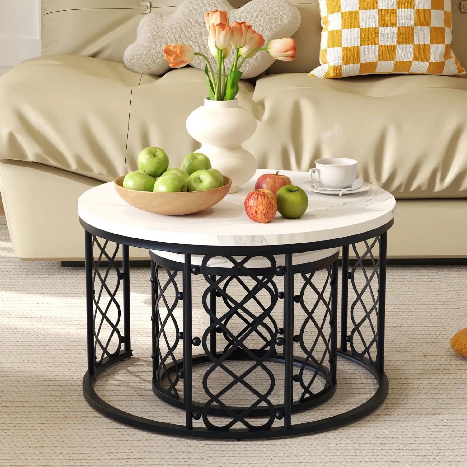 okwish Couchtisch mit 2er-Set Satztische Wohnzimmer 70x 70x 45cm Weiß Schwarz_3