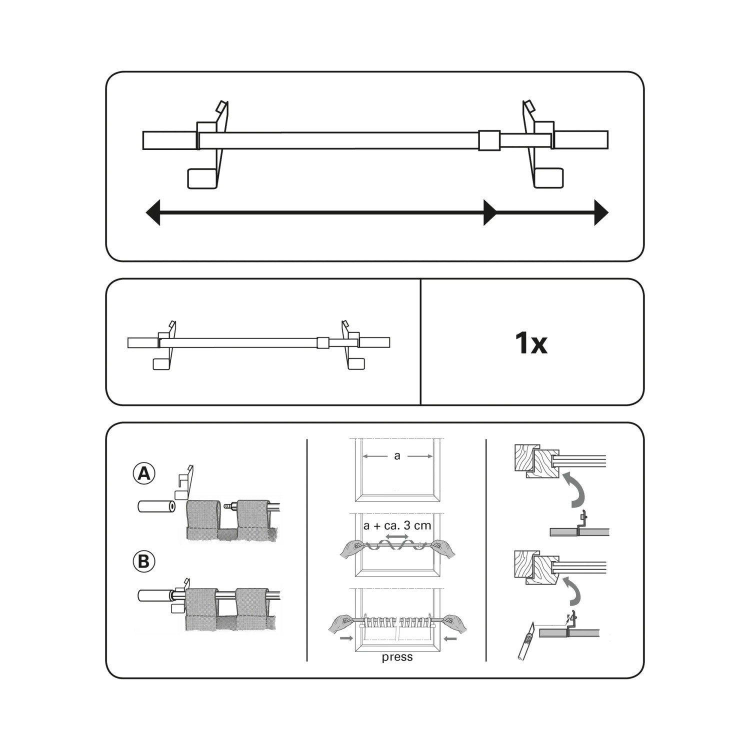 Montageanleitung für Gardinia Klemmstange Press&Go, Edelstahloptik, zur Anbringung ohne Bohren.
