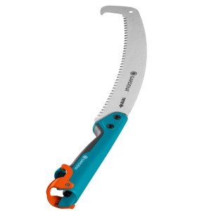 Gardena combisystem Gartensäge 300 P gebogen mit blau-schwarzem Griff und gebogenem Sägeblatt.
