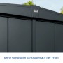 Detailansicht: Ecostar Gerätehaus Elegant, anthrazitgraues Metall mit Satteldach.