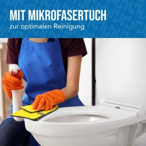Reinigung eines weißen WC Sitzes Lion Home mit Mikrofasertuch und Reiniger.