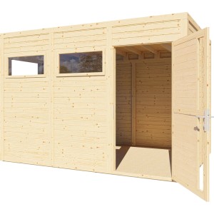 Bertilo Holz-Gartenhaus Cubus 3: Naturfarbenes Gartenhaus mit Doppeltür und Fenstern.