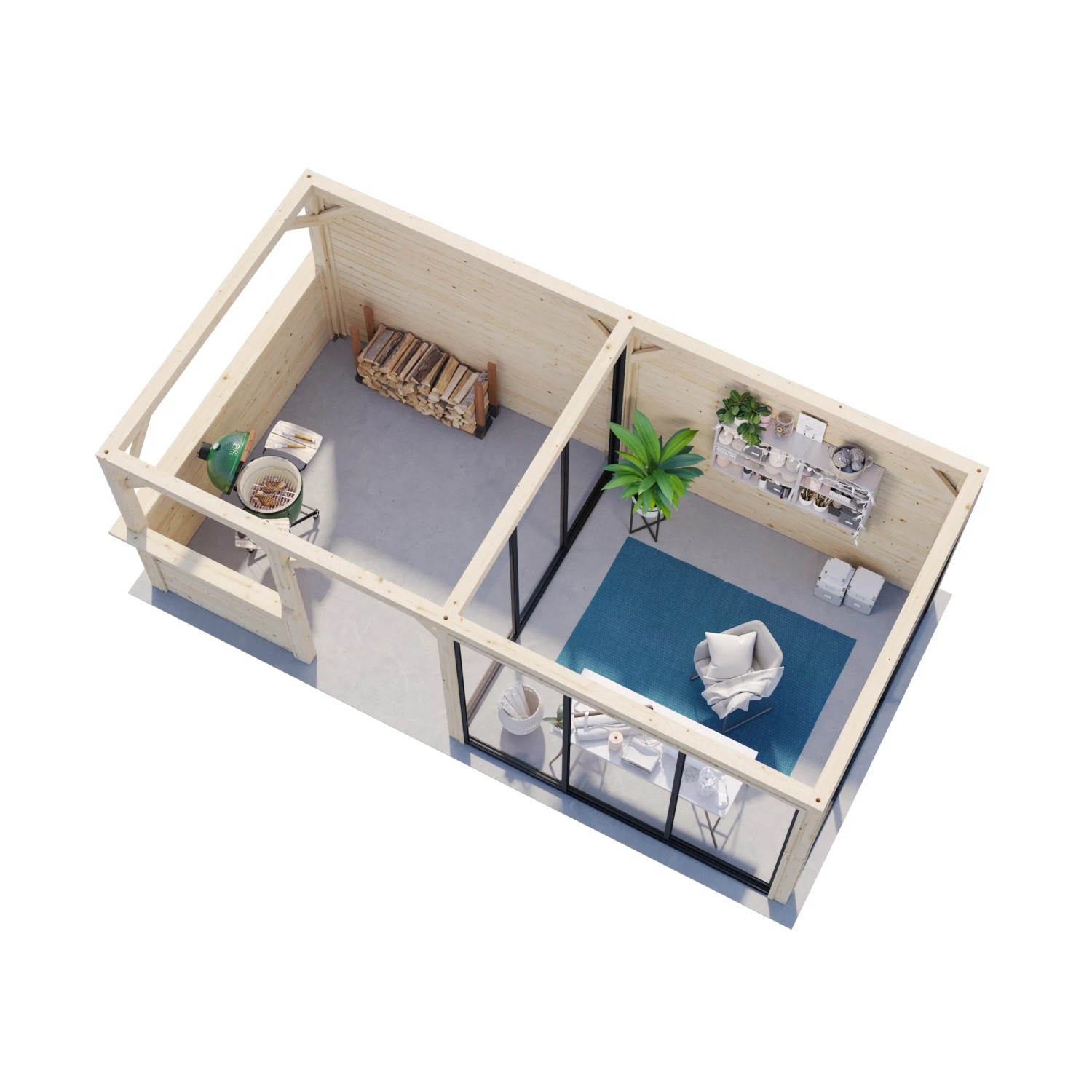 Draufsicht: Weißer Palmako Pavillon Bianca Set 208 mit Schiebetüren und Tresen.