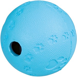 Blauer Jollypaw Snackball aus Naturgummi mit Pfotenabdruck und Loch für Leckerlis, ø 9 cm.