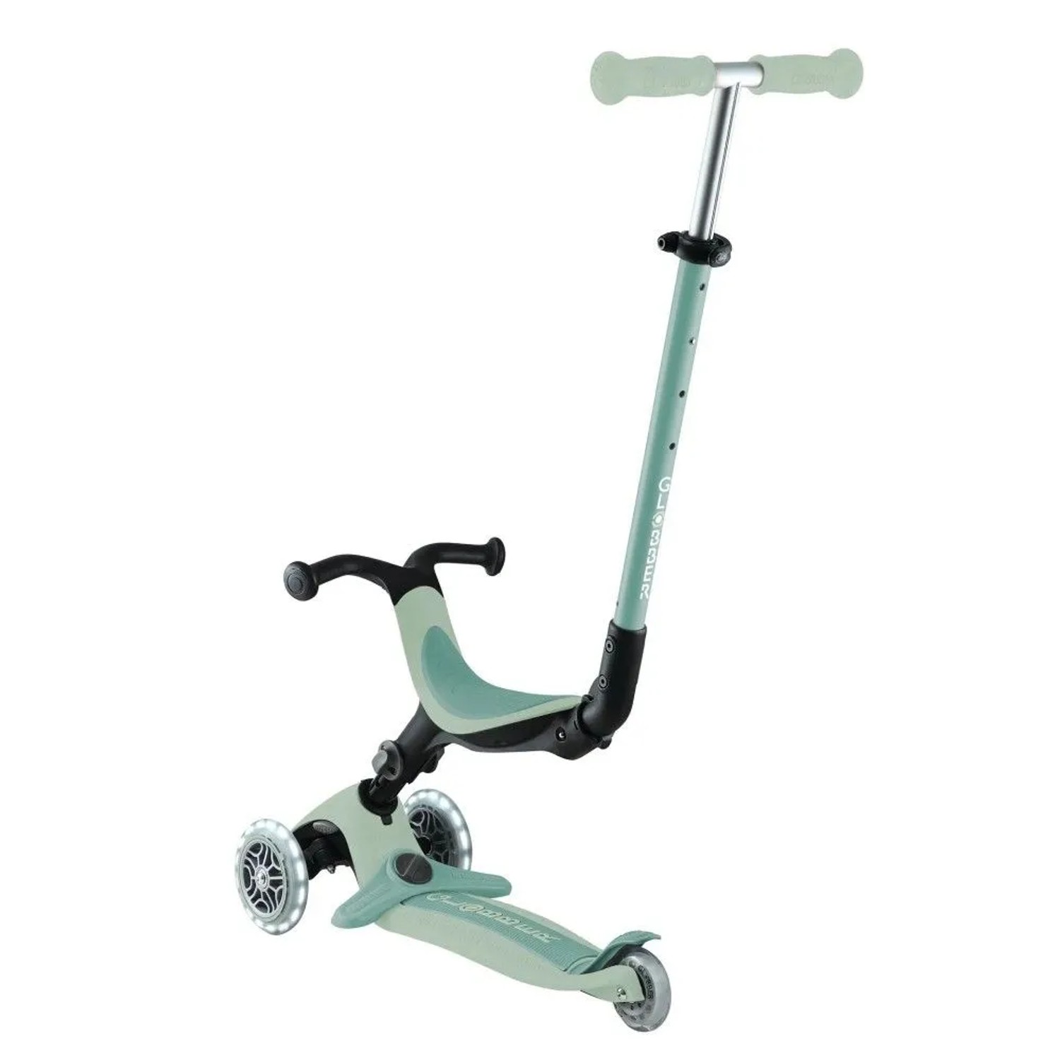 Globber Go-Up Active Lights 3-in-1 Kinderfahrzeug in Pistazie. Dreirad mit Sitz, höhenverstellbarer Lenkstange und LED-Rädern.