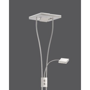 Moderner LED-Deckenfluter Helia aus Stahl, gebürstet. Mit Leseleuchte und dimmbarem Kopf.