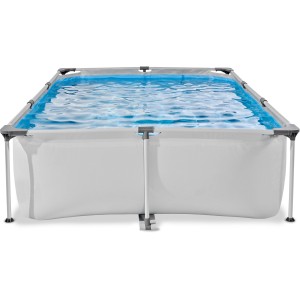 Rechteckiger, grauer EXIT Soft Grey Pool 300x200x65 cm mit Stahlrahmen und blauer Innenseite.