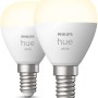 Philips Hue Luster Doppelpack White E14, zwei E14 Leuchtmittel in Tropfenform mit warmweißem Licht.