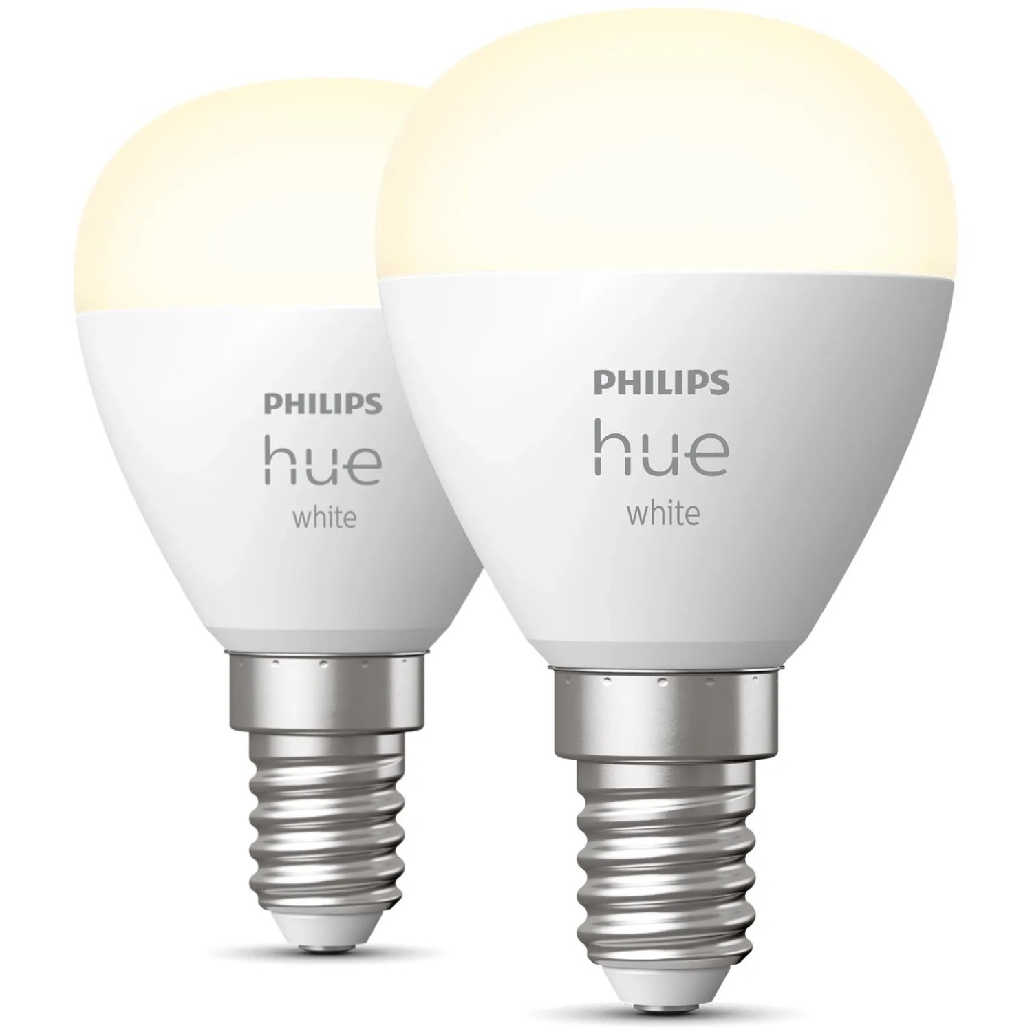 Philips Hue Luster Doppelpack White E14, zwei E14 Leuchtmittel in Tropfenform mit warmweißem Licht.