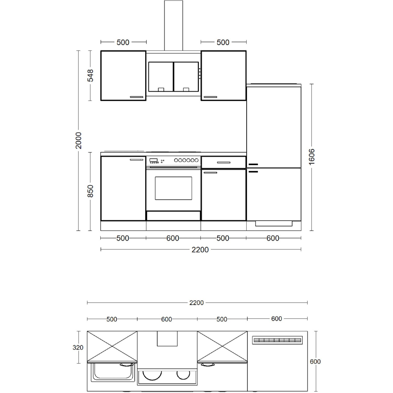 Skizze der Flex-Well Classic Küchenzeile Nano 220 cm in Buche mit Maßen.