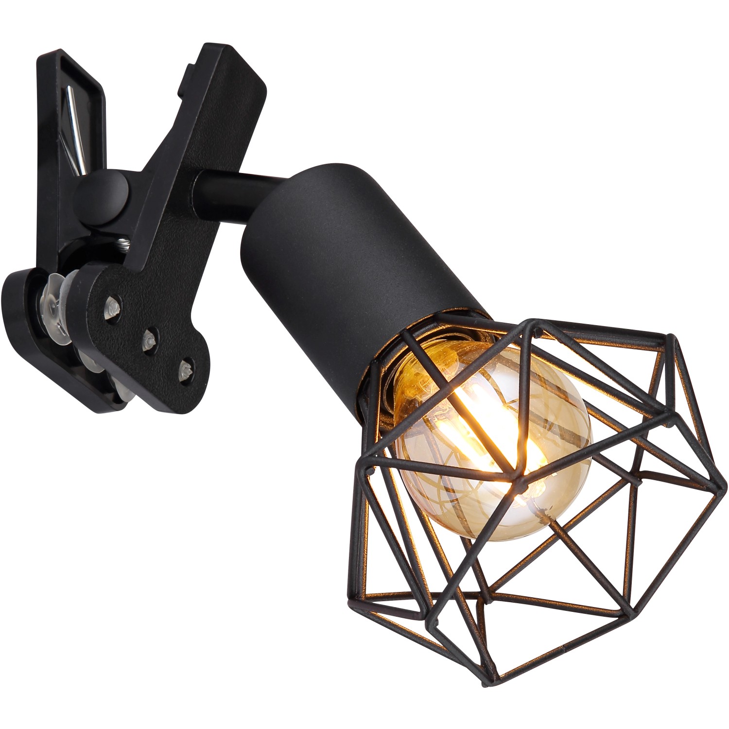 Schwarze Klemmleuchte Xara I mit Metallgeflecht-Schirm und E14 Fassung.