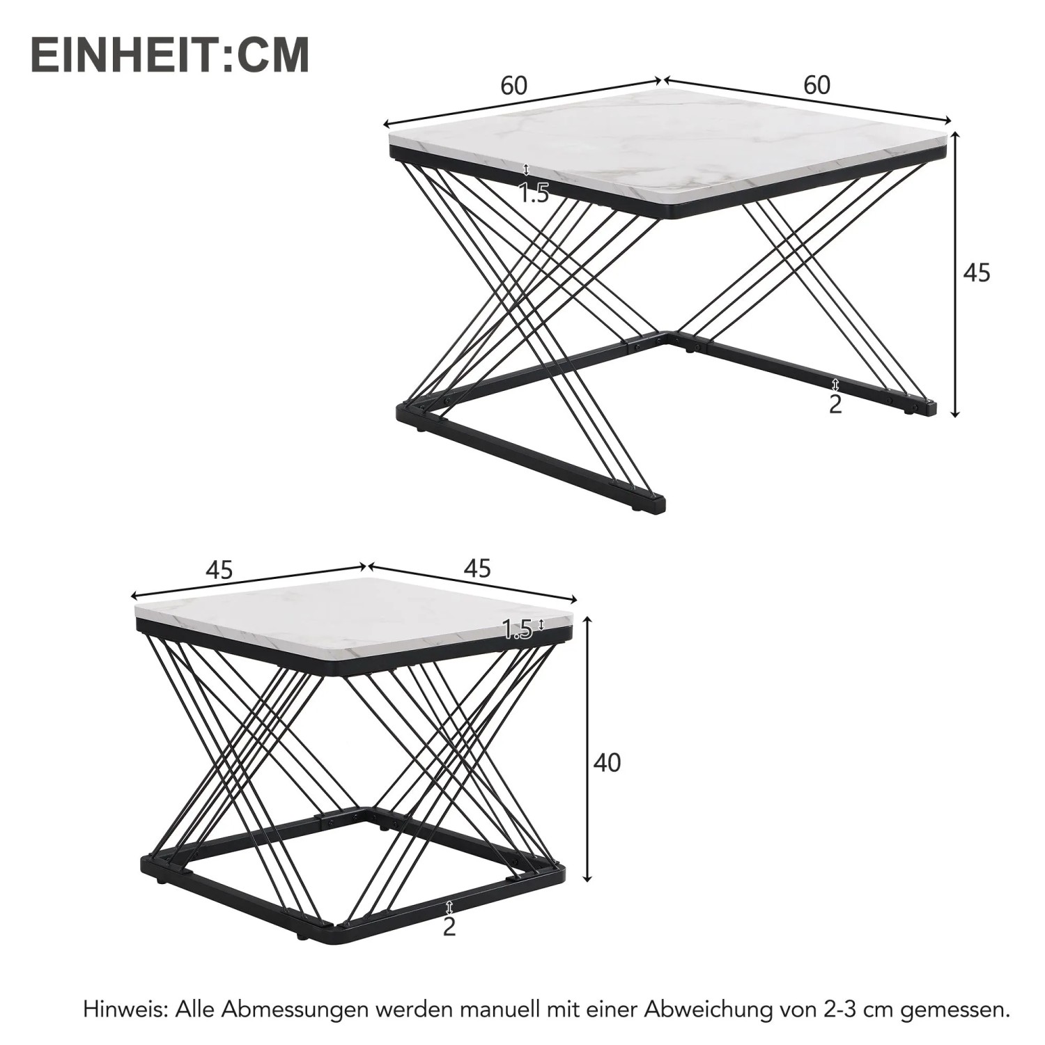 okwish Couchtisch Set mit Marmoroptik HöhenVerstellbare Füße 60x60x45cm 45x45x40cm Schwarz_5