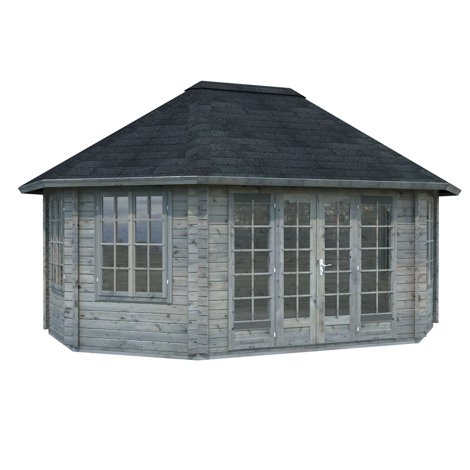 Palmako Holz-Pavillon Hanna, grau grundiert, 571x421 cm. Gartenlaube mit Fenstern und Doppeltür.