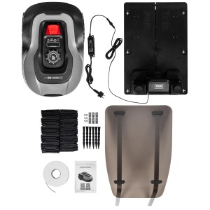 Texas Mähroboter RMX600 mit Ladestation, Begrenzungskabel, Heringen und Zubehör.