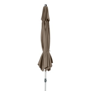 Geschlossener, graubeiger Doppler Marktschirm Expert Ø 306 cm mit Knickfunktion und silbernem Mast.