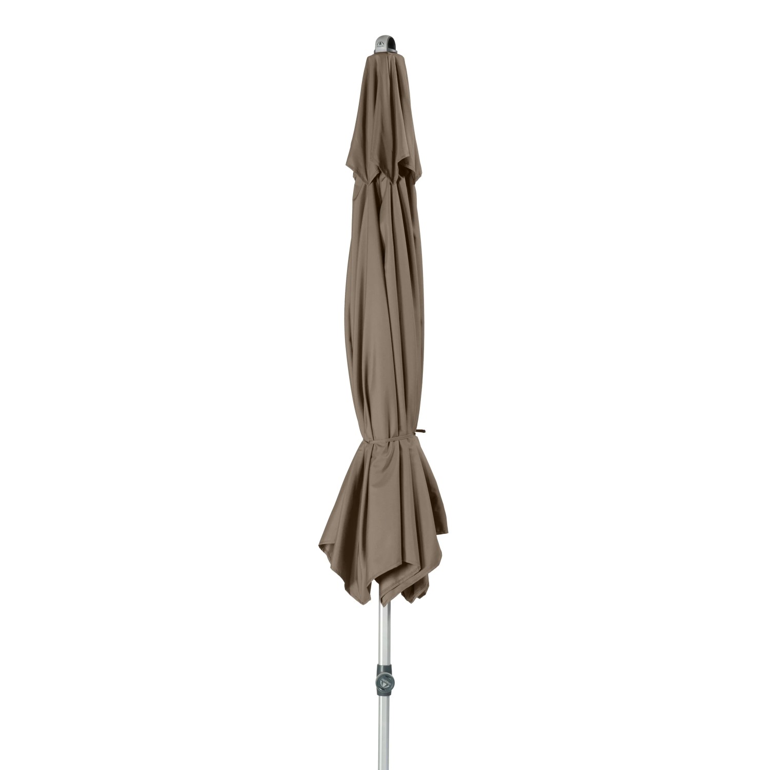 Geschlossener, graubeiger Doppler Marktschirm Expert Ø 306 cm mit Knickfunktion und silbernem Mast.