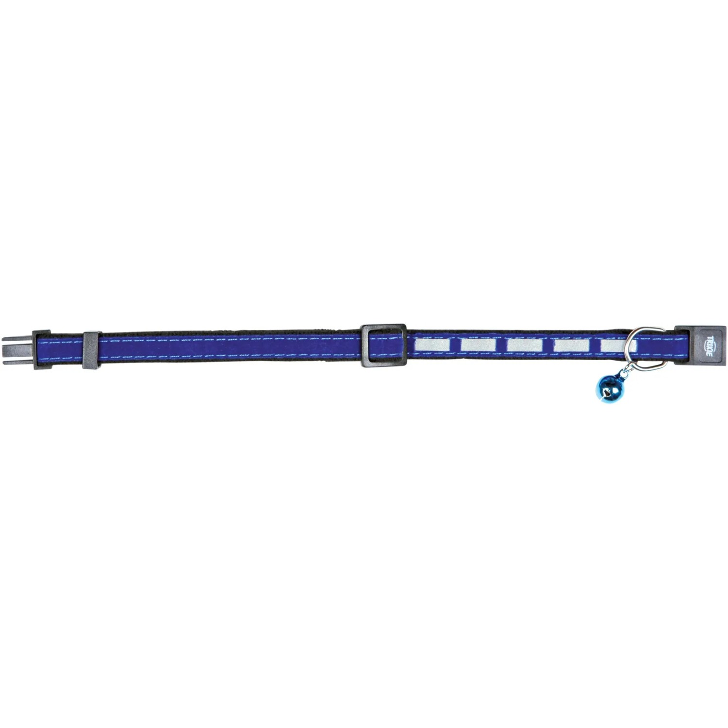 Blaues Trixie Katzenhalsband aus Samt, reflektierend mit Glöckchen.