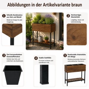 Braunes MCW Hochbeet aus Akazienholz mit schwarzem Metallgestell, Ablage und drei Pflanzeinsätzen auf Balkon.