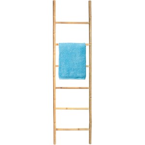 Bambusleiter, 6-stufig, 190 cm, als Handtuchhalter mit blauem Handtuch.
