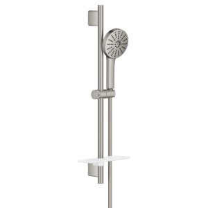 Vitalio Joy+ 120 Brausestangenset, silberfarben, mit Handbrause, Duschstange und Ablage.