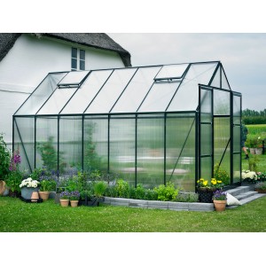 Halls Gewächshaus Magnum 148, grünes Gartenhaus mit geöffneter Tür und Pflanzen.